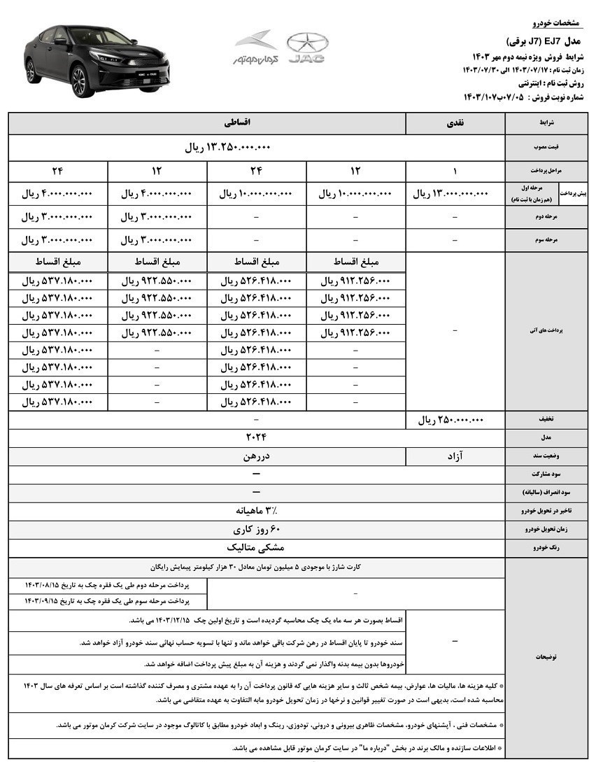 فروش نقد و اقساط جک EJ7 (مهر 1403)