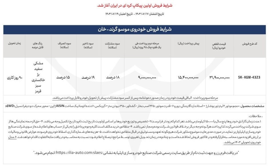 آغاز فروش پیکاپ موسو گرند خان در ایران + قیمت