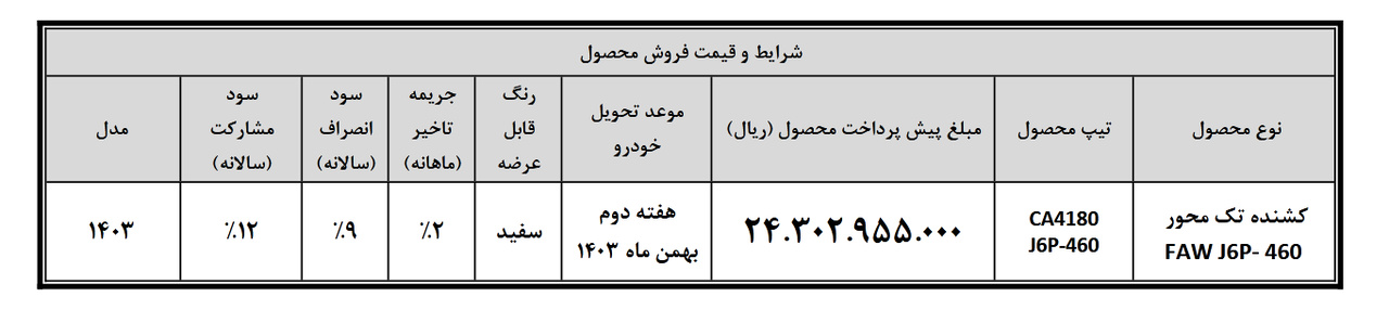 پیش فروش عادی کشنده تک‌محور فاو J۶ (+مبلغ پیش پرداخت)