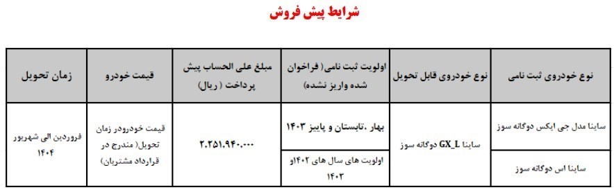شرایط پیش فروش خودرو ساینا دوگانه سوز (آبان 1403)