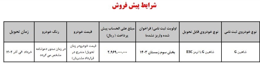 شرایط جدید پیش فروش خودرو شاهین G دستی+جدول
